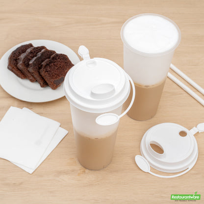 Wholesale Restaurantware Bev Tek White Plastic 2-in-1 Straw or Sippy Cup Lid - with Two Plugs, Fits 12, 16 and 24 Oz- Bulk