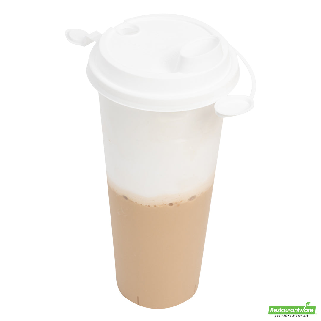 Wholesale Restaurantware Bev Tek White Plastic 2-in-1 Straw or Sippy Cup Lid - with Two Plugs, Fits 12, 16 and 24 Oz- Bulk