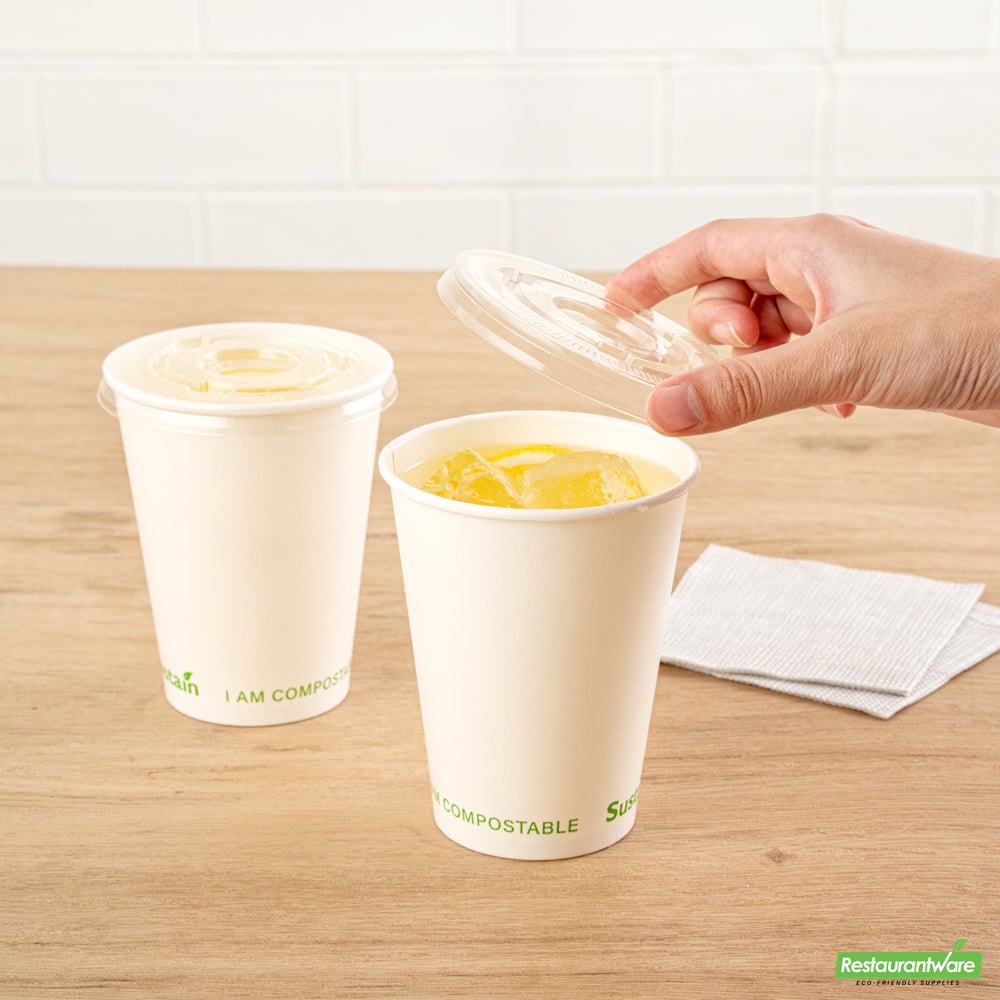 Wholesale Restaurantware Sustain Clear Pla Plastic Cold Cup Flat Lid - Fits 9, 12, 16, 20 and 22 Oz, Compostable- Bulk