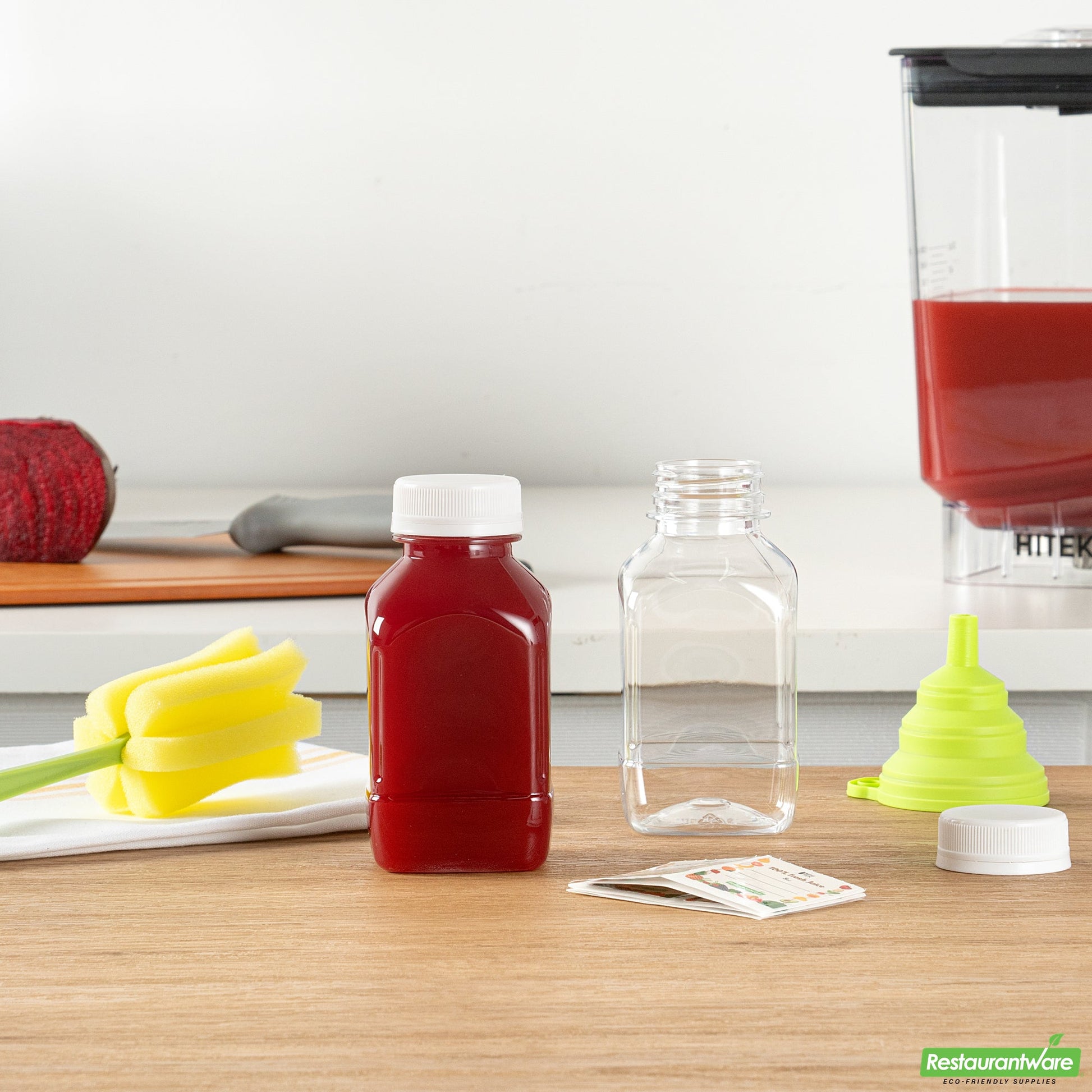 Wholesale Restaurantware Bottle Tek 10 Square Clear 8 oz Plastic Juice Bottles with Safety Caps- Bulk