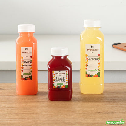 Wholesale Restaurantware Bottle Tek 100 Square Clear 8 Oz Plastic Juice Bottles with Safety Caps- Bulk
