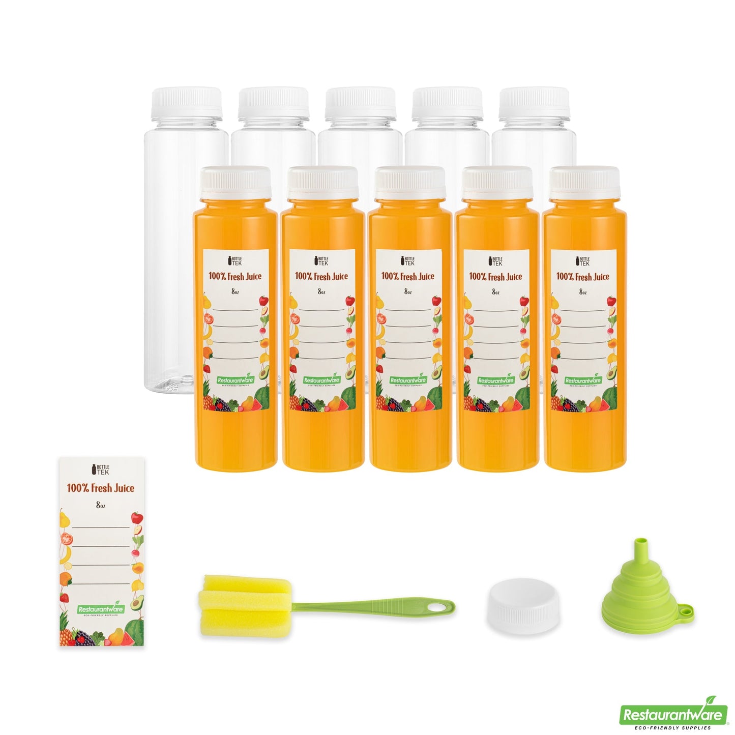Wholesale Restaurantware Bottle Tek 10 Round Clear 8 oz Plastic Juice Bottles with Safety Caps- Bulk