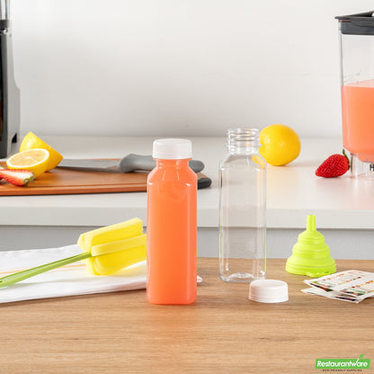 Wholesale Restaurantware Bottle Tek 10 Square Clear 12 Oz Plastic Juice Bottles with Safety Caps- Bulk