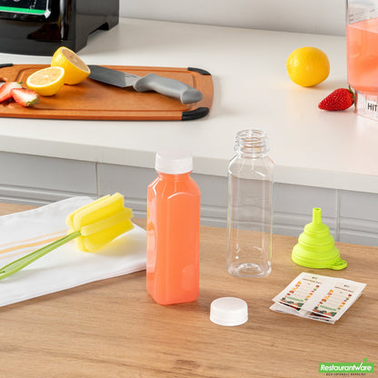 Wholesale Restaurantware Bottle Tek 10 Square Clear 12 Oz Plastic Juice Bottles with Safety Caps- Bulk