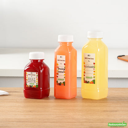 Wholesale Restaurantware Bottle Tek 100 Square Clear 12 Oz Plastic Juice Bottles with Safety Caps- Bulk