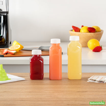 Wholesale Restaurantware Bottle Tek 100 Square Clear 12 Oz Plastic Juice Bottles with Safety Caps- Bulk