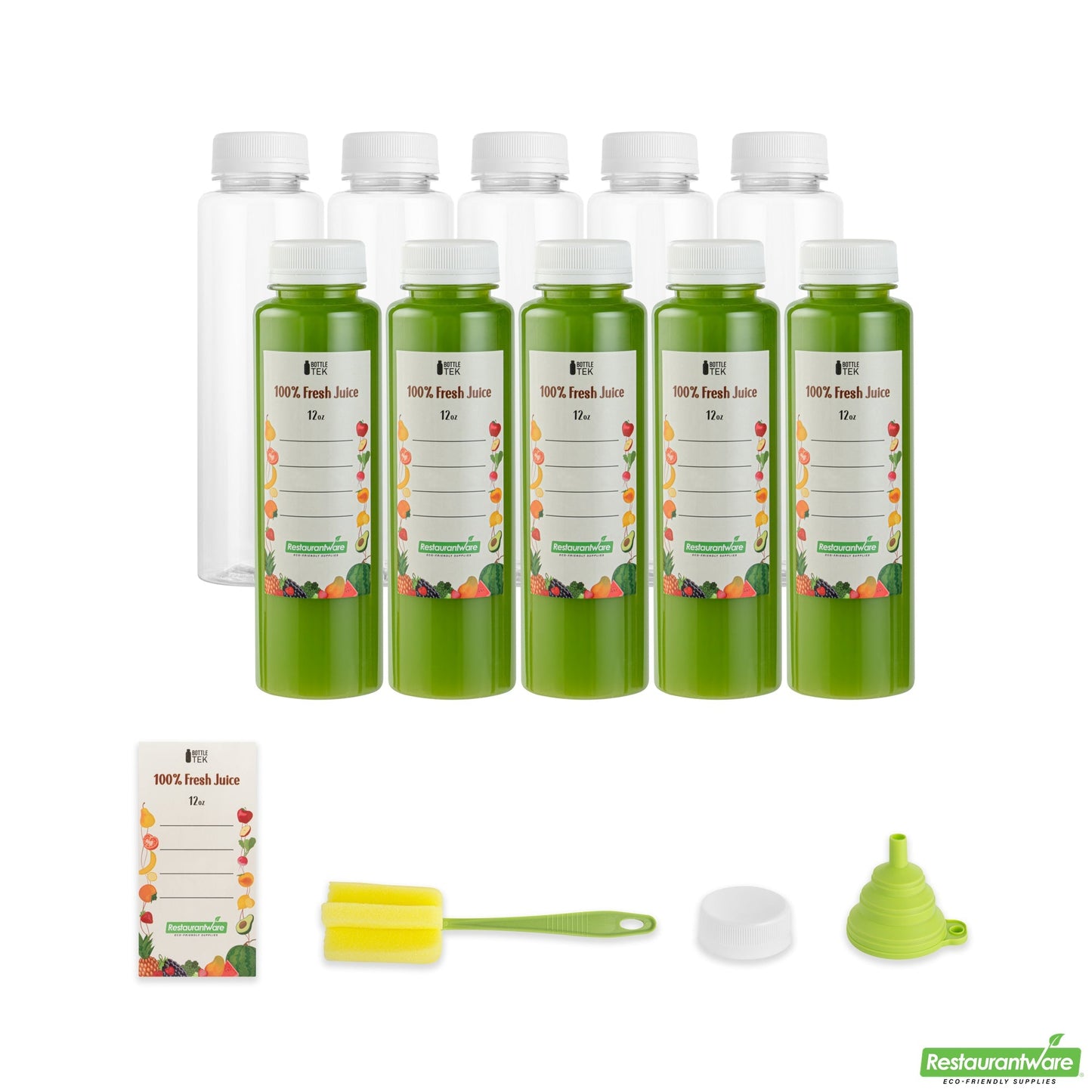 Wholesale Restaurantware Bottle Tek 100 Round Clear 12 oz Plastic Juice Bottles with Safety Caps- Bulk