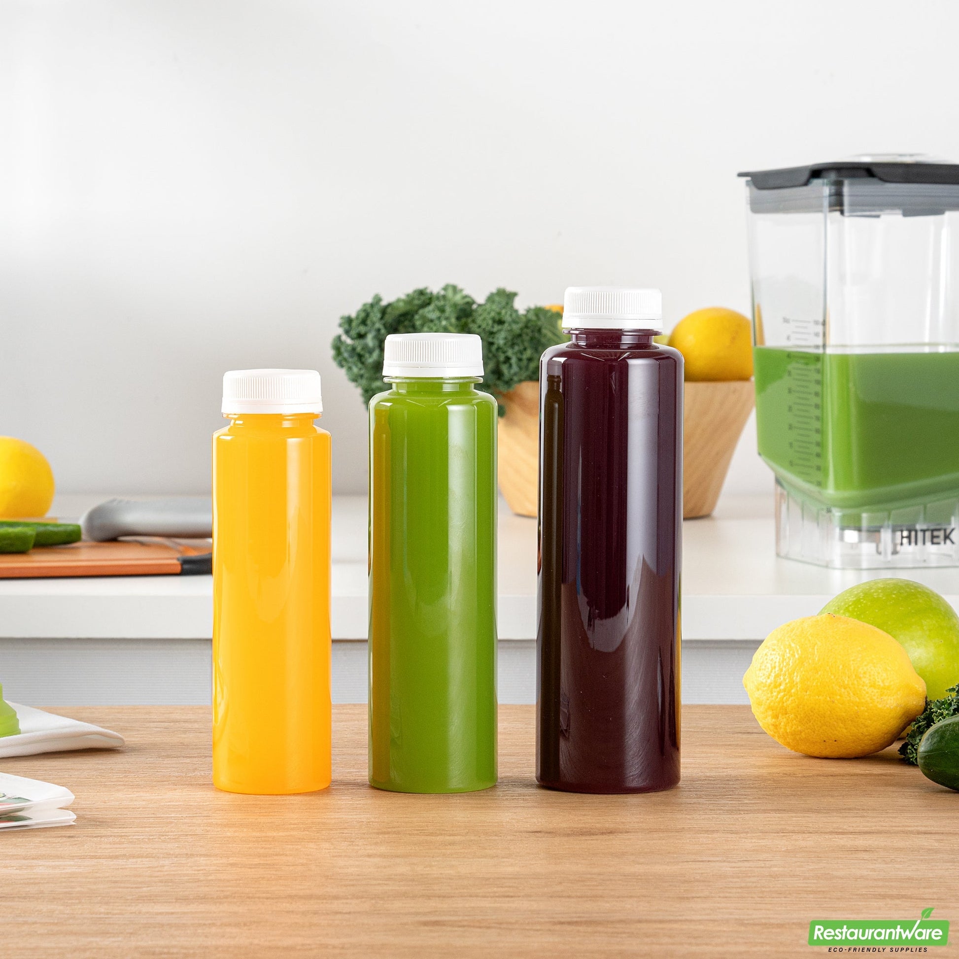 Wholesale Restaurantware Bottle Tek 100 Round Clear 12 oz Plastic Juice Bottles with Safety Caps- Bulk