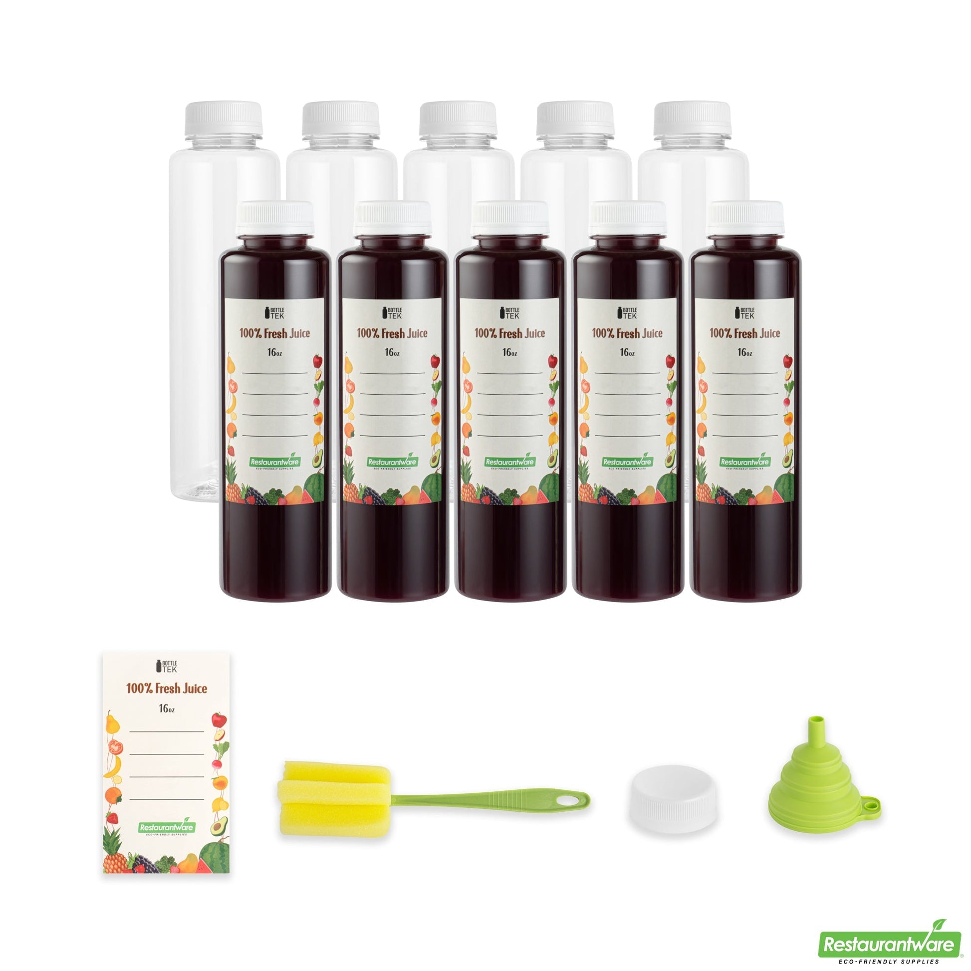 Wholesale Restaurantware Bottle Tek 100 Round Clear 16 oz Plastic Juice Bottles with Safety Caps- Bulk