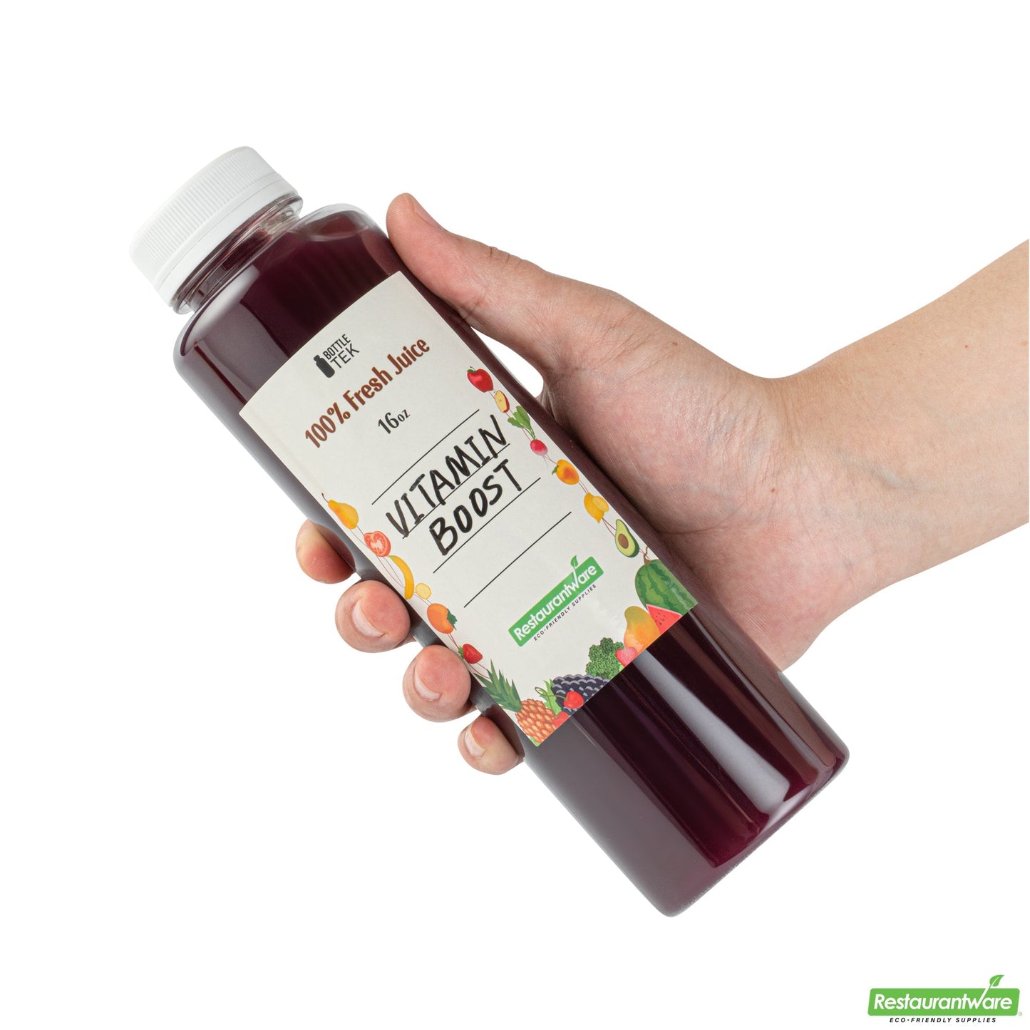 Wholesale Restaurantware Bottle Tek 100 Round Clear 16 oz Plastic Juice Bottles with Safety Caps- Bulk