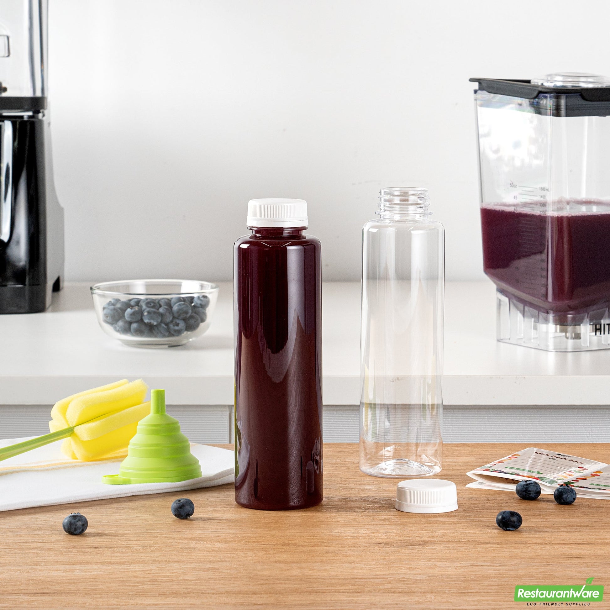 Wholesale Restaurantware Bottle Tek 100 Round Clear 16 oz Plastic Juice Bottles with Safety Caps- Bulk