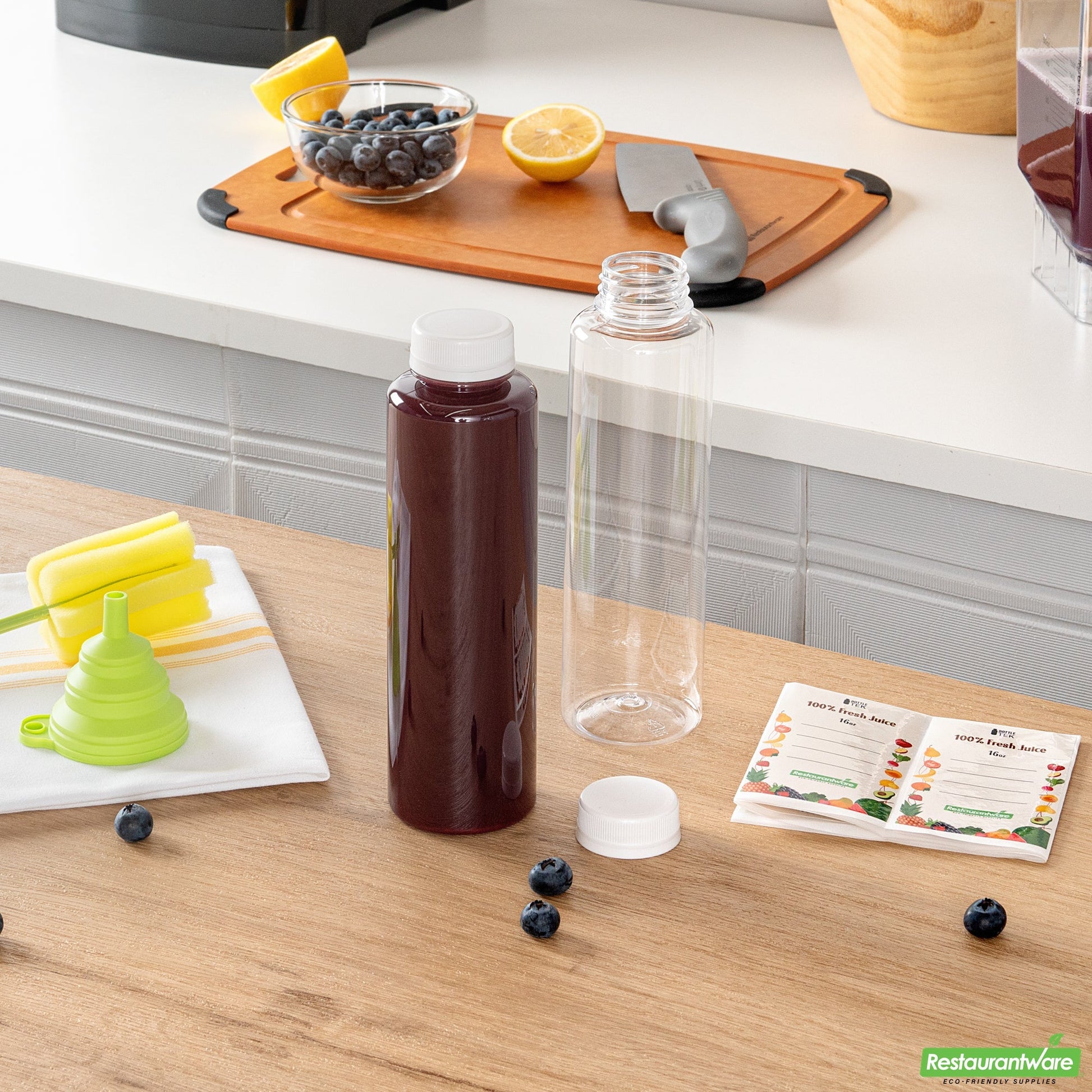 Wholesale Restaurantware Bottle Tek 100 Round Clear 16 oz Plastic Juice Bottles with Safety Caps- Bulk
