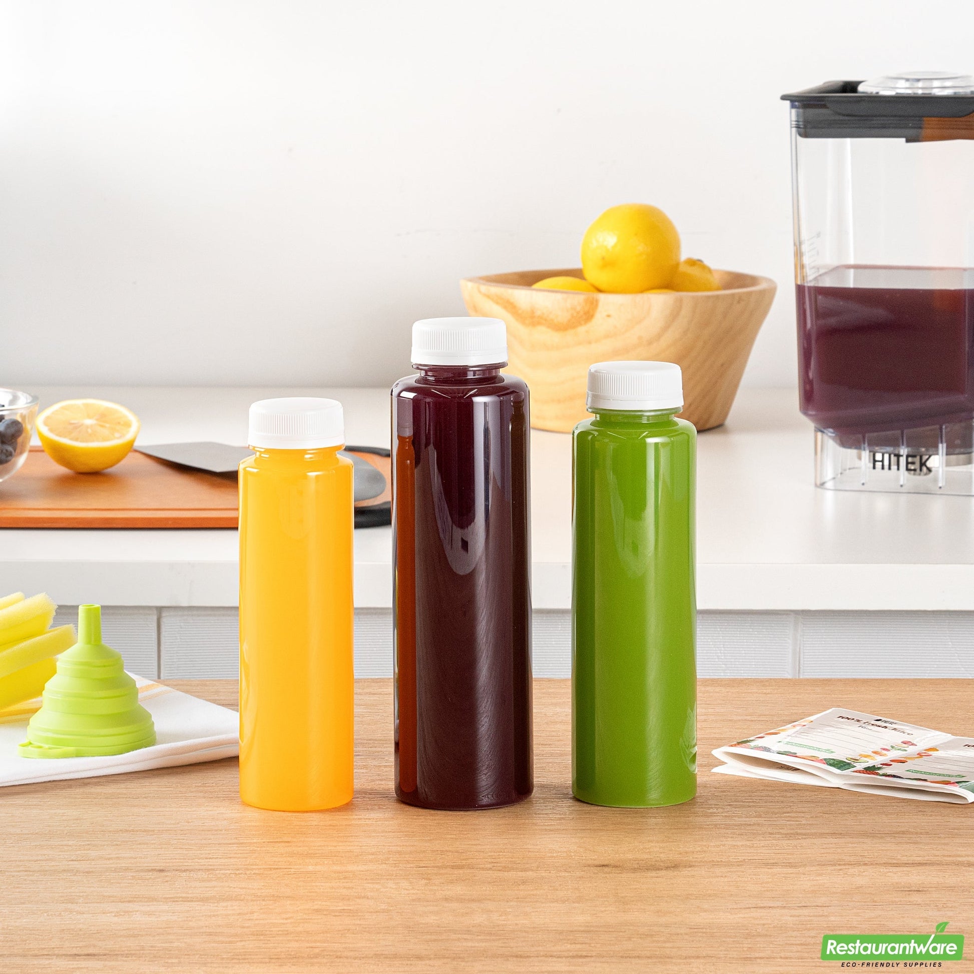 Wholesale Restaurantware Bottle Tek 100 Round Clear 16 oz Plastic Juice Bottles with Safety Caps- Bulk