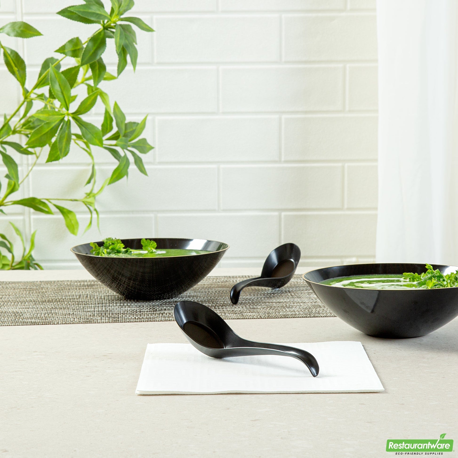 Wholesale Restaurantware RW Base Black Plastic Asian Soup Spoon - 6 1/2 X 1 3/4 X 3 1/4 - 100 Count Box- Bulk
