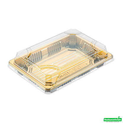 Wholesale Restaurantware Roku Rectangle Gold Plastic Take Out Sushi Tray - with Clear Lid - 6 1/2" X 4 1/4" X 1 1/2" - 100 Count Box- Bulk