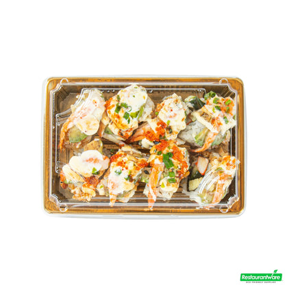 Wholesale Restaurantware Roku Rectangle Gold Plastic Take Out Sushi Tray - with Clear Lid - 6 1/2" X 4 1/4" X 1 1/2" - 100 Count Box- Bulk
