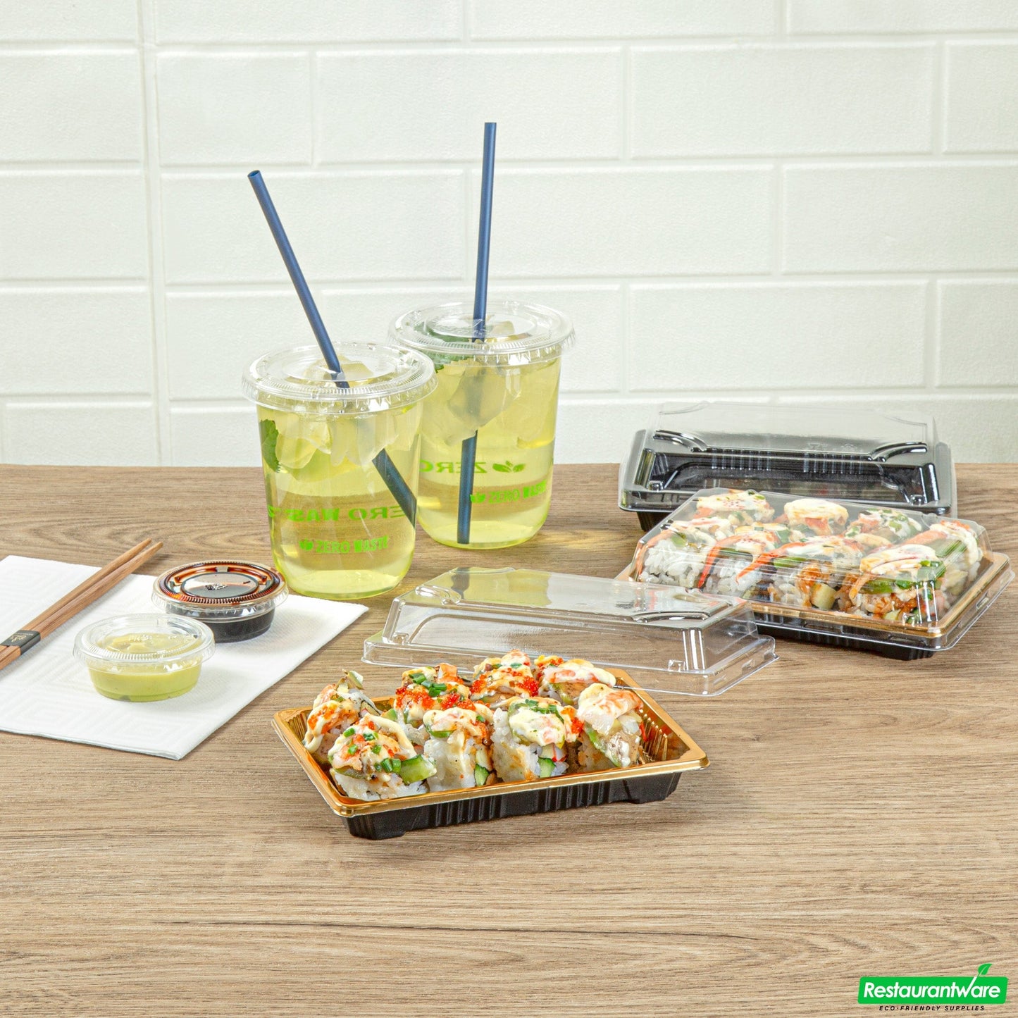 Wholesale Restaurantware Roku Rectangle Gold Plastic Take Out Sushi Tray - with Clear Lid - 6 1/2" X 4 1/4" X 1 1/2" - 100 Count Box- Bulk