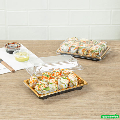 Wholesale Restaurantware Roku Rectangle Gold Plastic Take Out Sushi Tray - with Clear Lid - 6 1/2" X 4 1/4" X 1 1/2" - 100 Count Box- Bulk