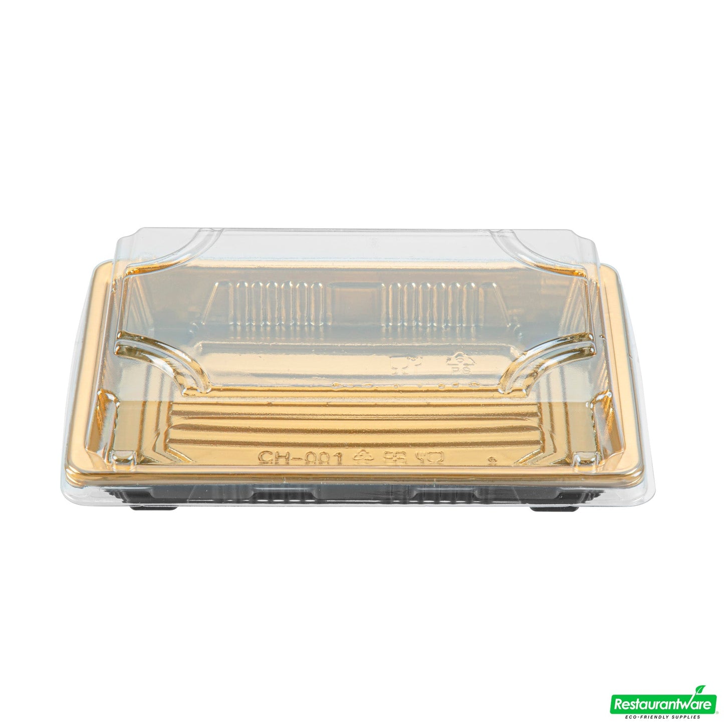 Wholesale Restaurantware Roku Rectangle Gold Plastic Take Out Sushi Tray - with Clear Lid - 6 1/2" X 4 1/4" X 1 1/2" - 100 Count Box- Bulk