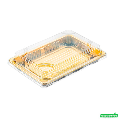 Wholesale Restaurantware Roku Rectangle Gold Plastic Take Out Sushi Tray - with Clear Lid - 7" X 5" X 1 1/2" - 100 Count Box- Bulk