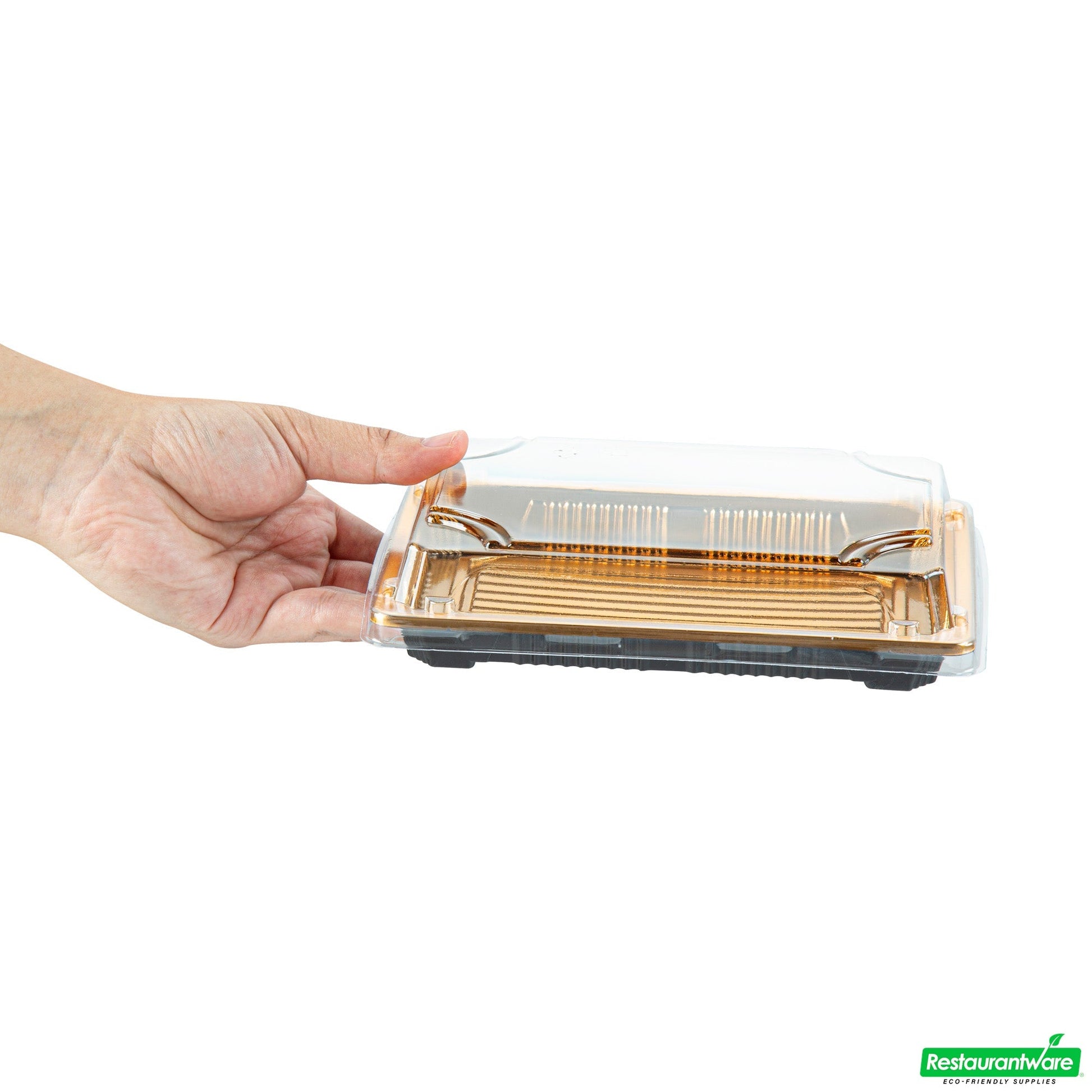 Wholesale Restaurantware Roku Rectangle Gold Plastic Take Out Sushi Tray - with Clear Lid - 7" X 5" X 1 1/2" - 100 Count Box- Bulk
