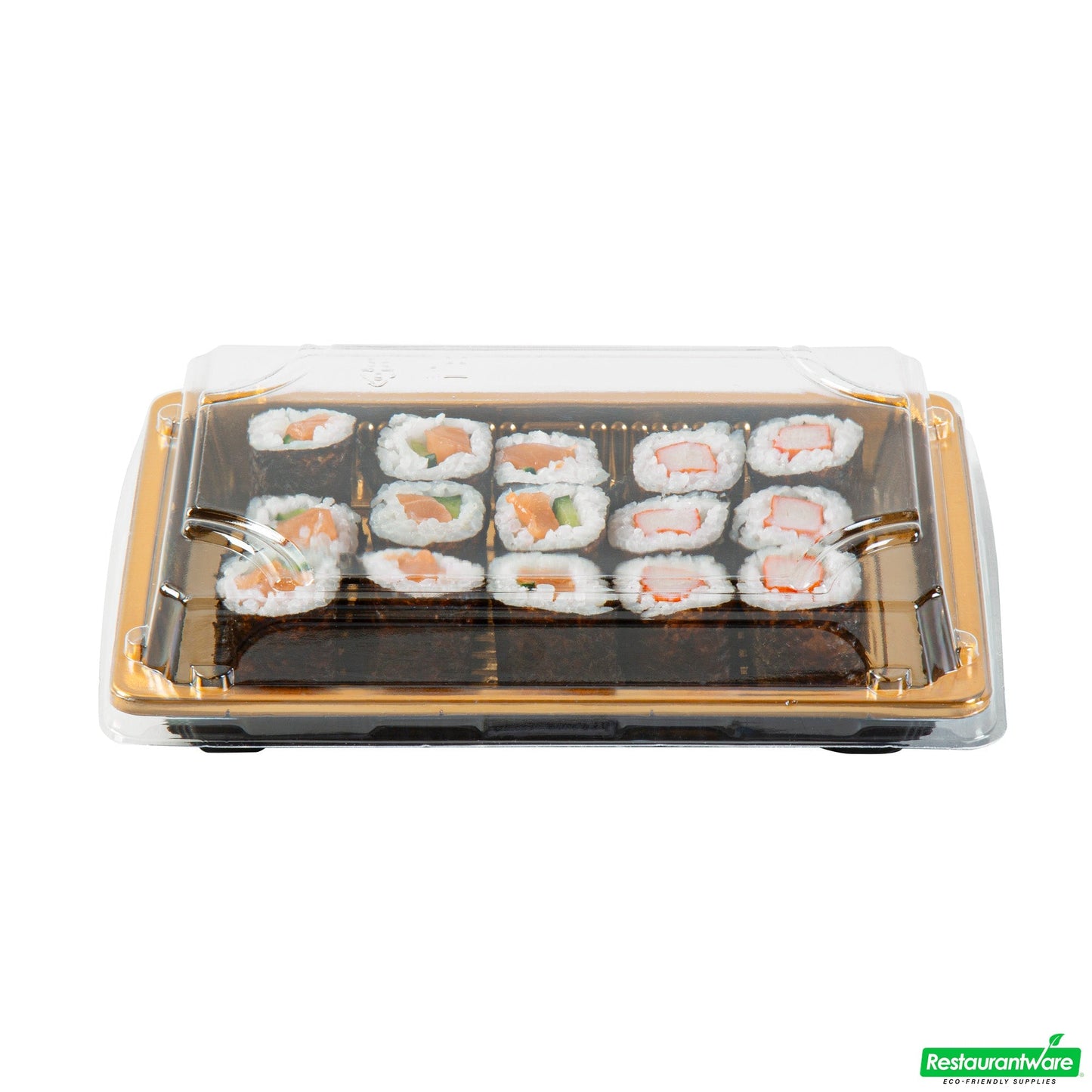 Wholesale Restaurantware Roku Rectangle Gold Plastic Take Out Sushi Tray - with Clear Lid - 7" X 5" X 1 1/2" - 100 Count Box- Bulk