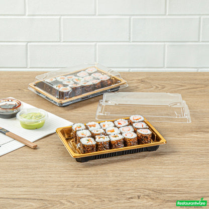 Wholesale Restaurantware Roku Rectangle Gold Plastic Take Out Sushi Tray - with Clear Lid - 7" X 5" X 1 1/2" - 100 Count Box- Bulk