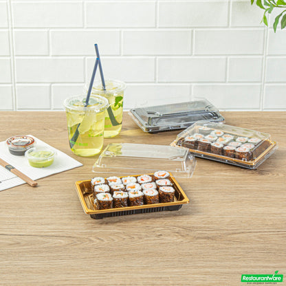 Wholesale Restaurantware Roku Rectangle Gold Plastic Take Out Sushi Tray - with Clear Lid - 7" X 5" X 1 1/2" - 100 Count Box- Bulk