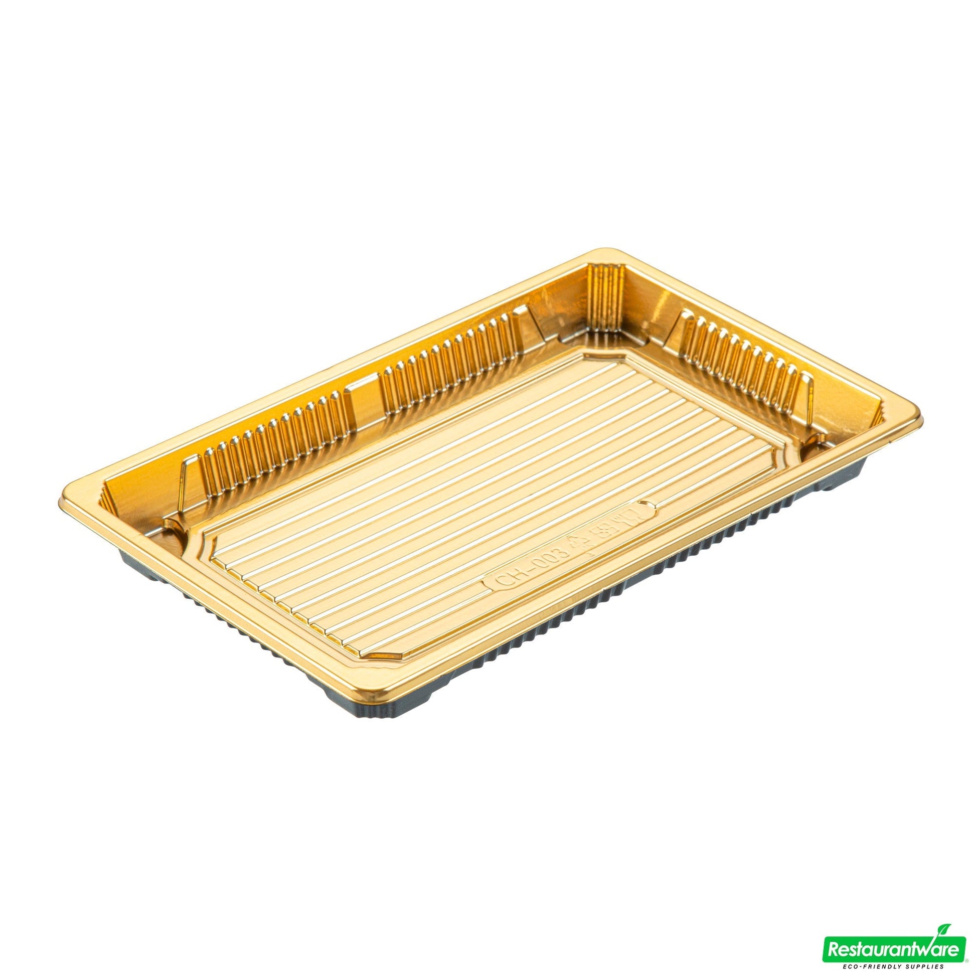 Wholesale Restaurantware Roku Rectangle Gold Plastic Take Out Sushi Tray - with Clear Lid - 8 1/4" X 5 1/4" X 1 1/2" - 100 Count Box- Bulk