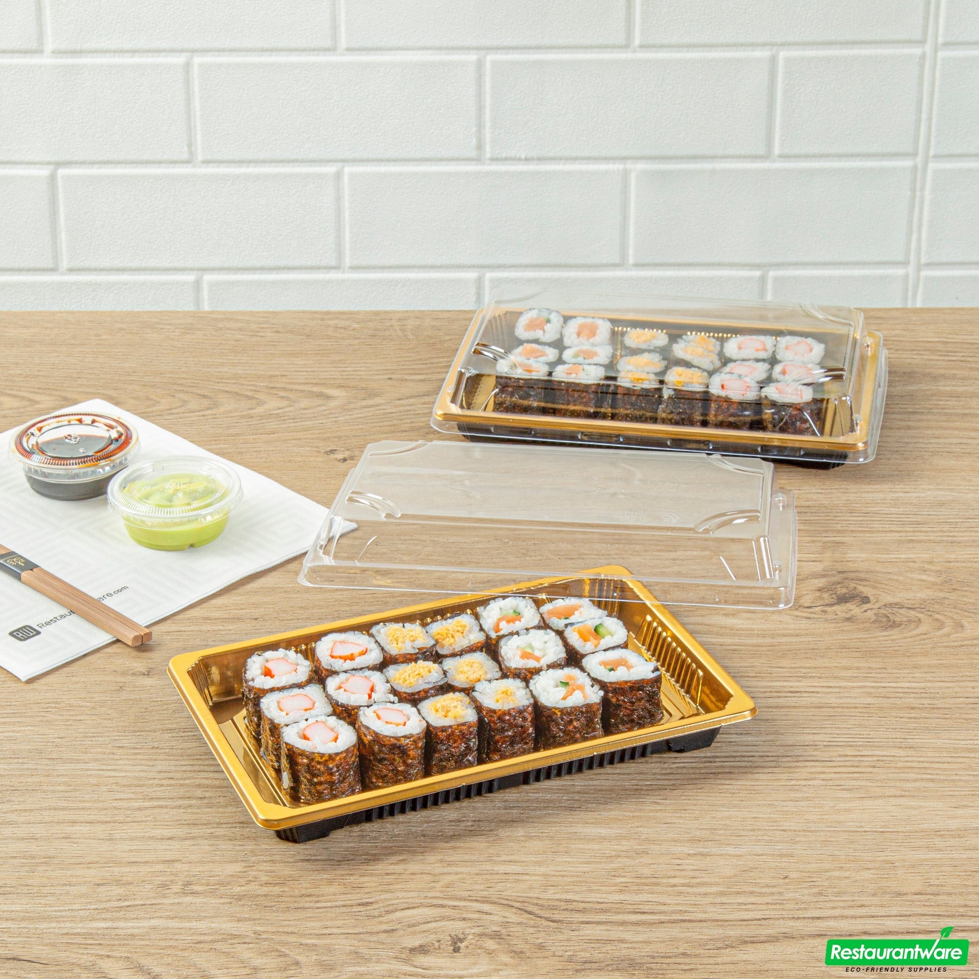 Wholesale Restaurantware Roku Rectangle Gold Plastic Take Out Sushi Tray - with Clear Lid - 8 1/4" X 5 1/4" X 1 1/2" - 100 Count Box- Bulk