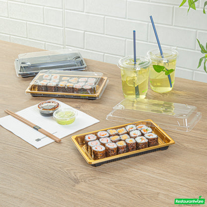 Wholesale Restaurantware Roku Rectangle Gold Plastic Take Out Sushi Tray - with Clear Lid - 8 1/4" X 5 1/4" X 1 1/2" - 100 Count Box- Bulk