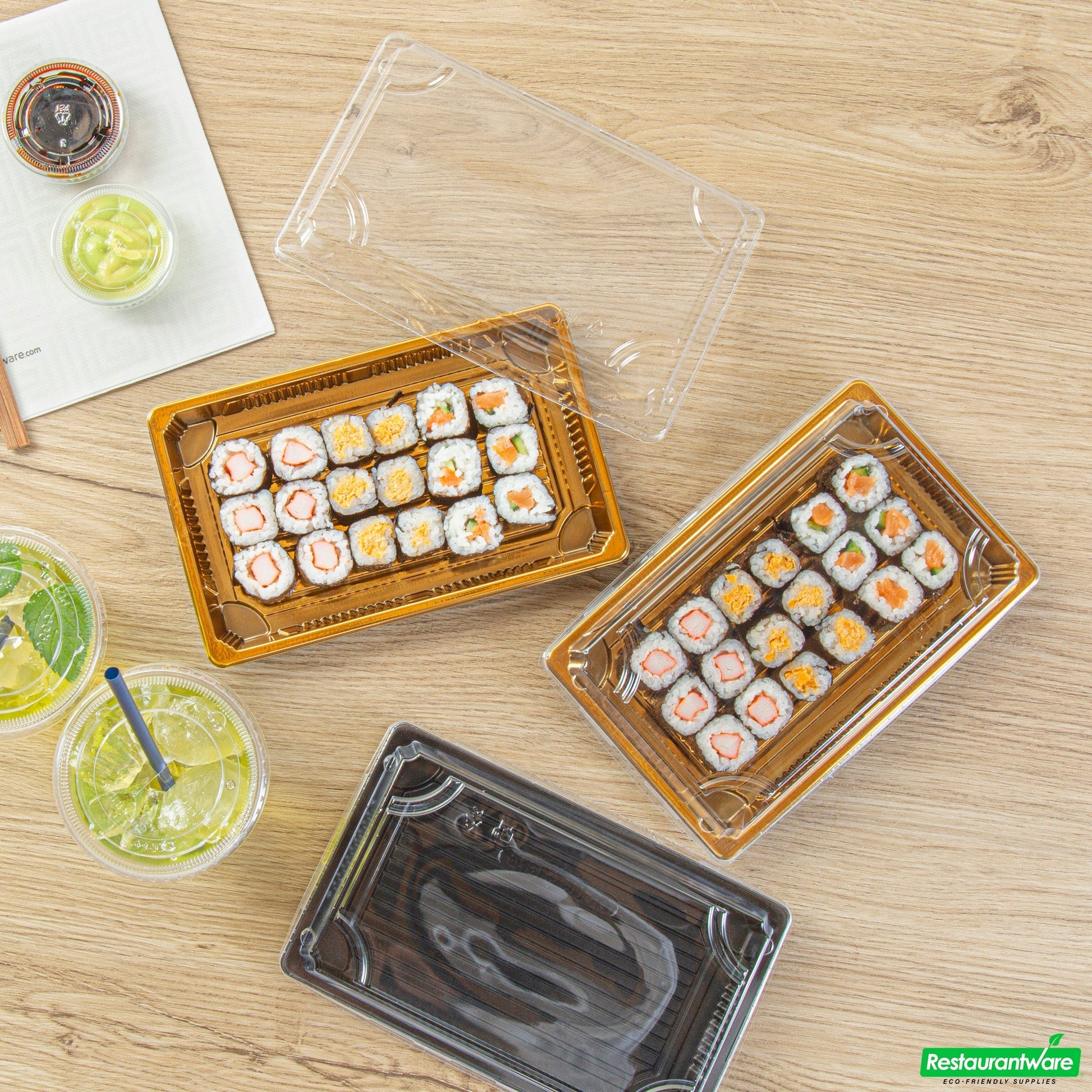 Wholesale Restaurantware Roku Rectangle Gold Plastic Take Out Sushi Tray - with Clear Lid - 8 1/4" X 5 1/4" X 1 1/2" - 100 Count Box- Bulk
