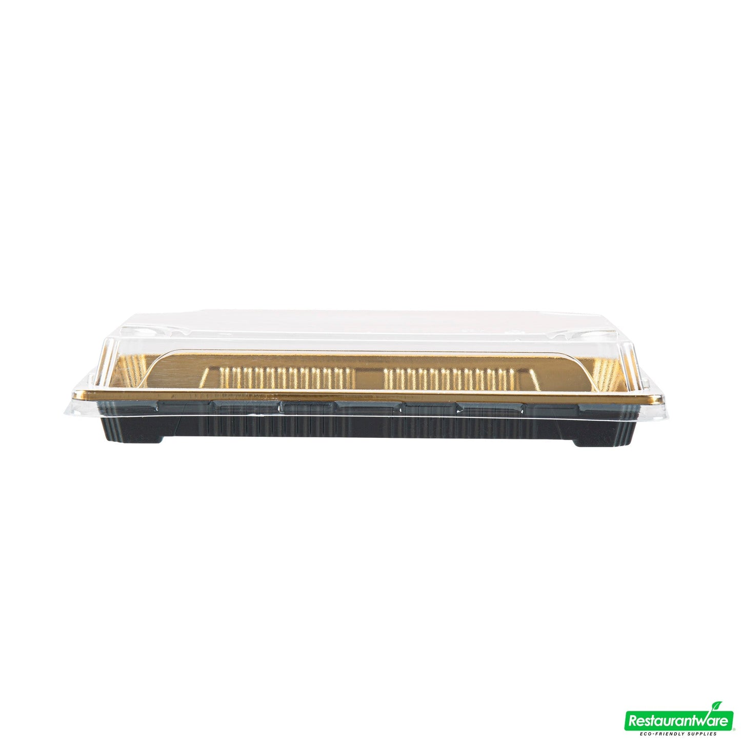 Wholesale Restaurantware Roku Rectangle Gold Plastic Take Out Sushi Tray - with Clear Lid - 8 1/4" X 5 1/4" X 1 1/2" - 100 Count Box- Bulk
