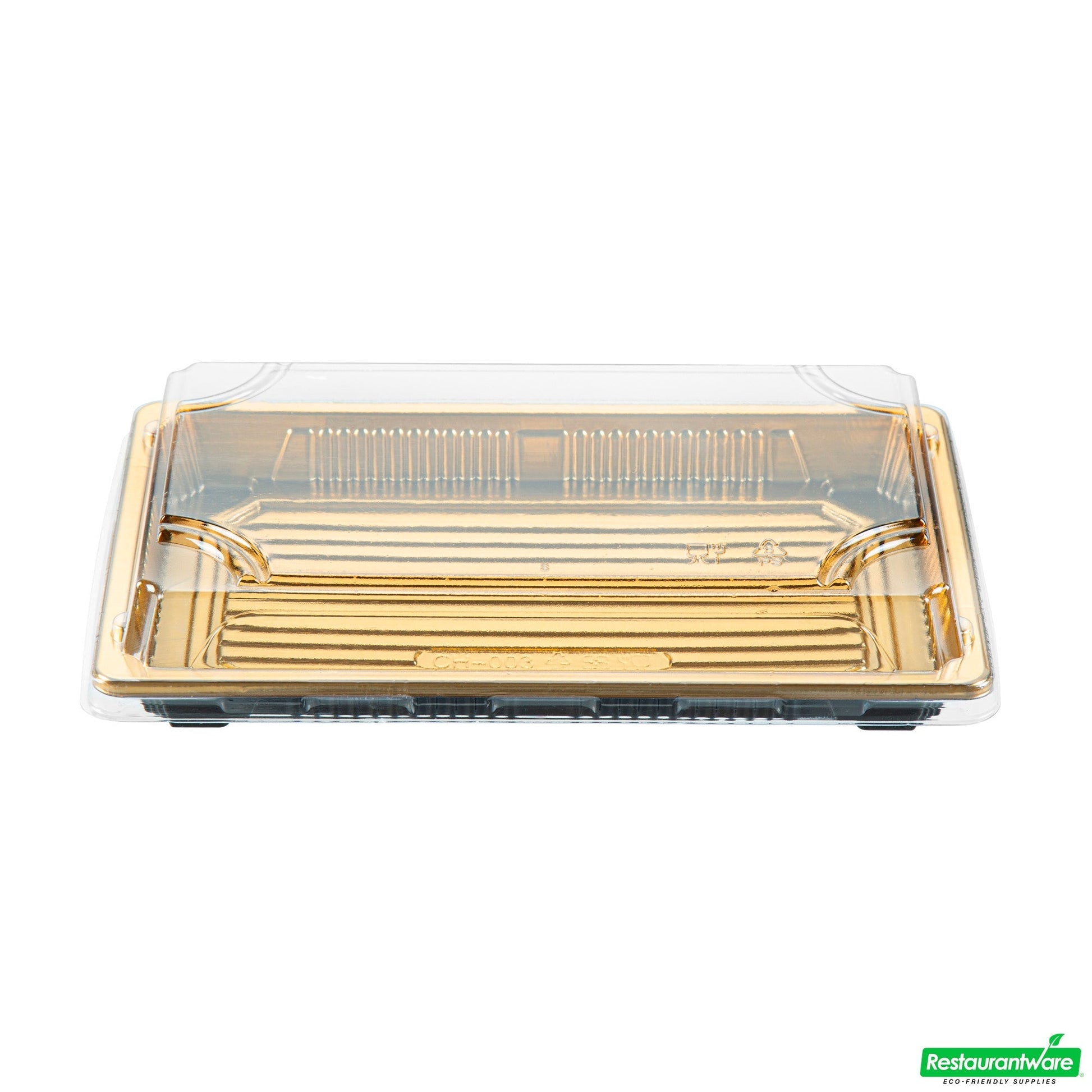Wholesale Restaurantware Roku Rectangle Gold Plastic Take Out Sushi Tray - with Clear Lid - 8 1/4" X 5 1/4" X 1 1/2" - 100 Count Box- Bulk