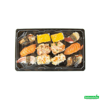 Wholesale Restaurantware Roku Rectangle Black Plastic Take Out Sushi Tray - with Clear Lid - 9 1/4" X 6" X 1 3/4" - 100 Count Box- Bulk