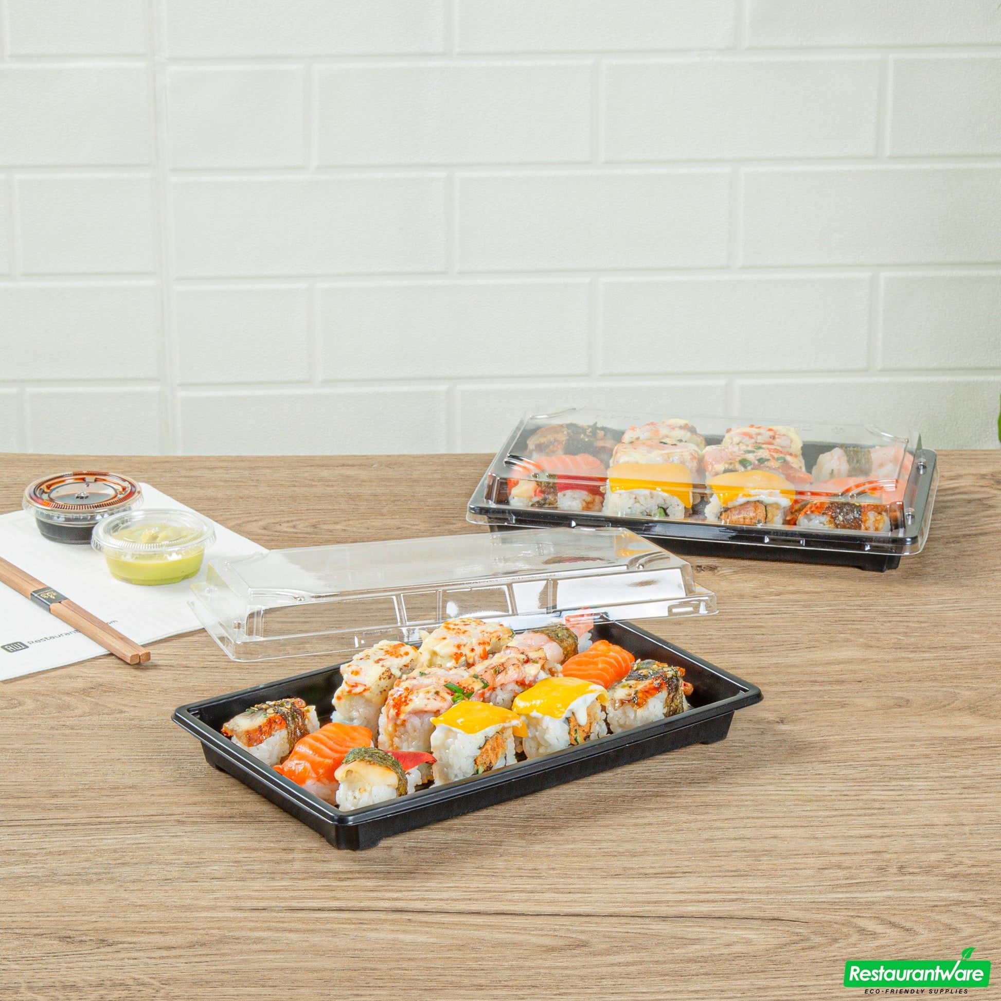Wholesale Restaurantware Roku Rectangle Black Plastic Take Out Sushi Tray - with Clear Lid - 9 1/4" X 6" X 1 3/4" - 100 Count Box- Bulk