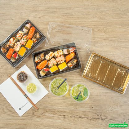 Wholesale Restaurantware Roku Rectangle Black Plastic Take Out Sushi Tray - with Clear Lid - 9 1/4" X 6" X 1 3/4" - 100 Count Box- Bulk