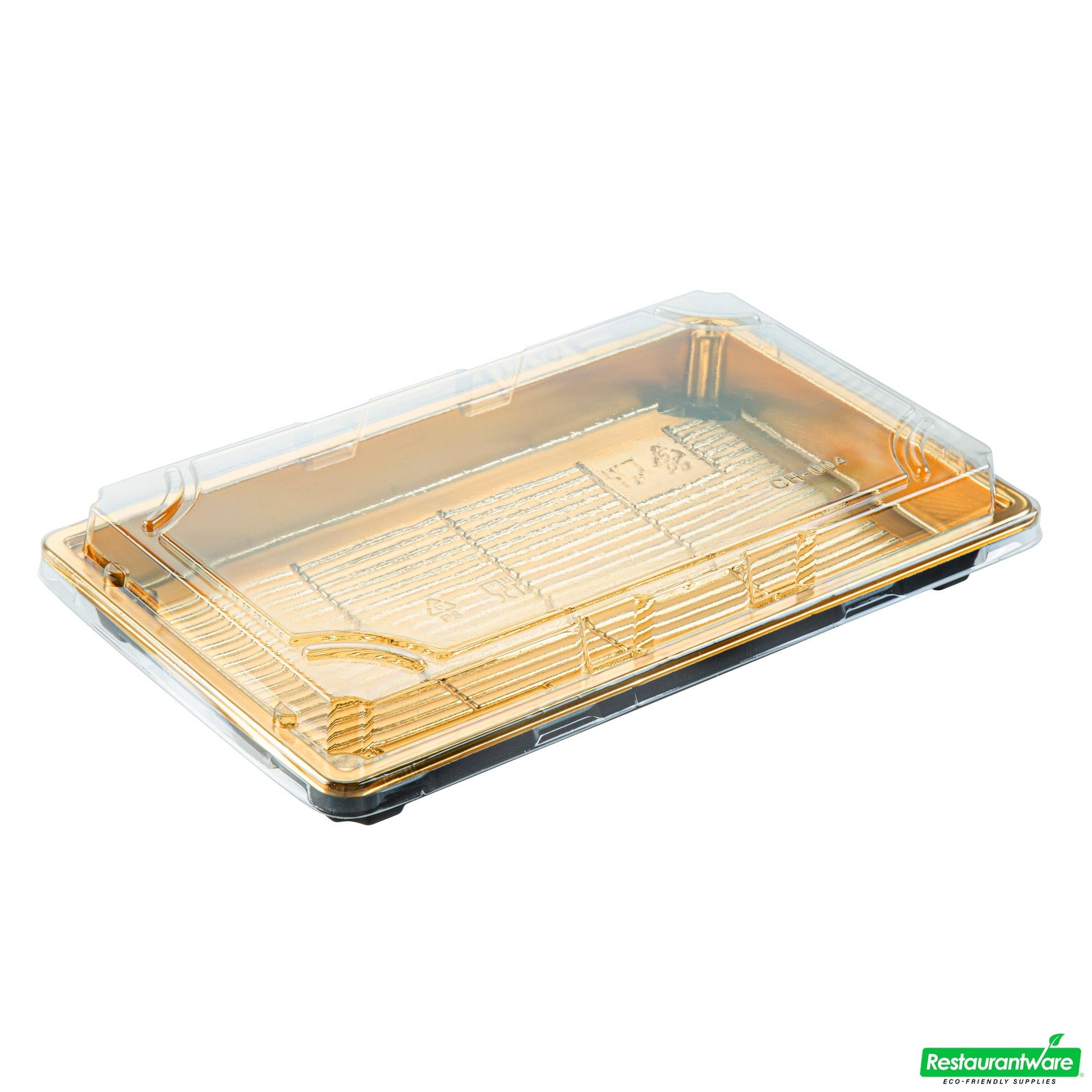 Wholesale Restaurantware Roku Rectangle Gold Plastic Take Out Sushi Tray - with Clear Lid - 9 1/4" X 6" X 1 3/4" - 100 Count Box- Bulk