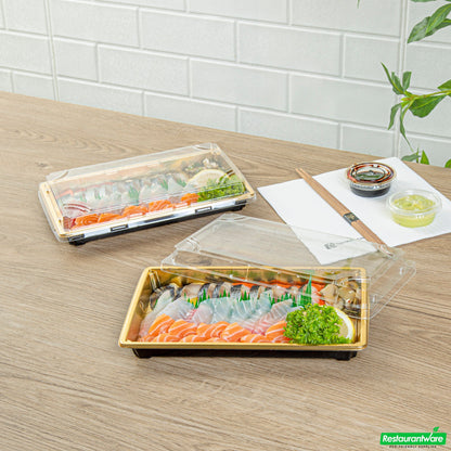 Wholesale Restaurantware Roku Rectangle Gold Plastic Take Out Sushi Tray - with Clear Lid - 9 1/4" X 6" X 1 3/4" - 100 Count Box- Bulk
