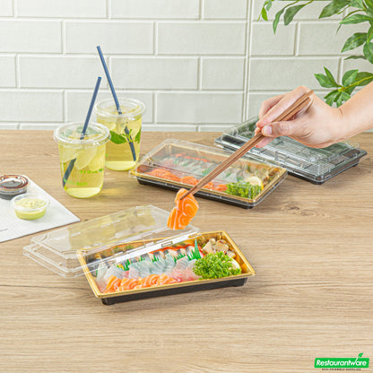 Wholesale Restaurantware Roku Rectangle Gold Plastic Take Out Sushi Tray - with Clear Lid - 9 1/4" X 6" X 1 3/4" - 100 Count Box- Bulk
