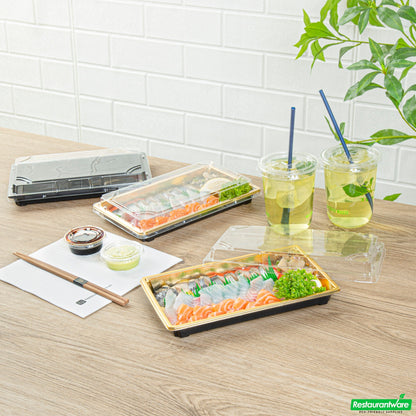 Wholesale Restaurantware Roku Rectangle Gold Plastic Take Out Sushi Tray - with Clear Lid - 9 1/4" X 6" X 1 3/4" - 100 Count Box- Bulk