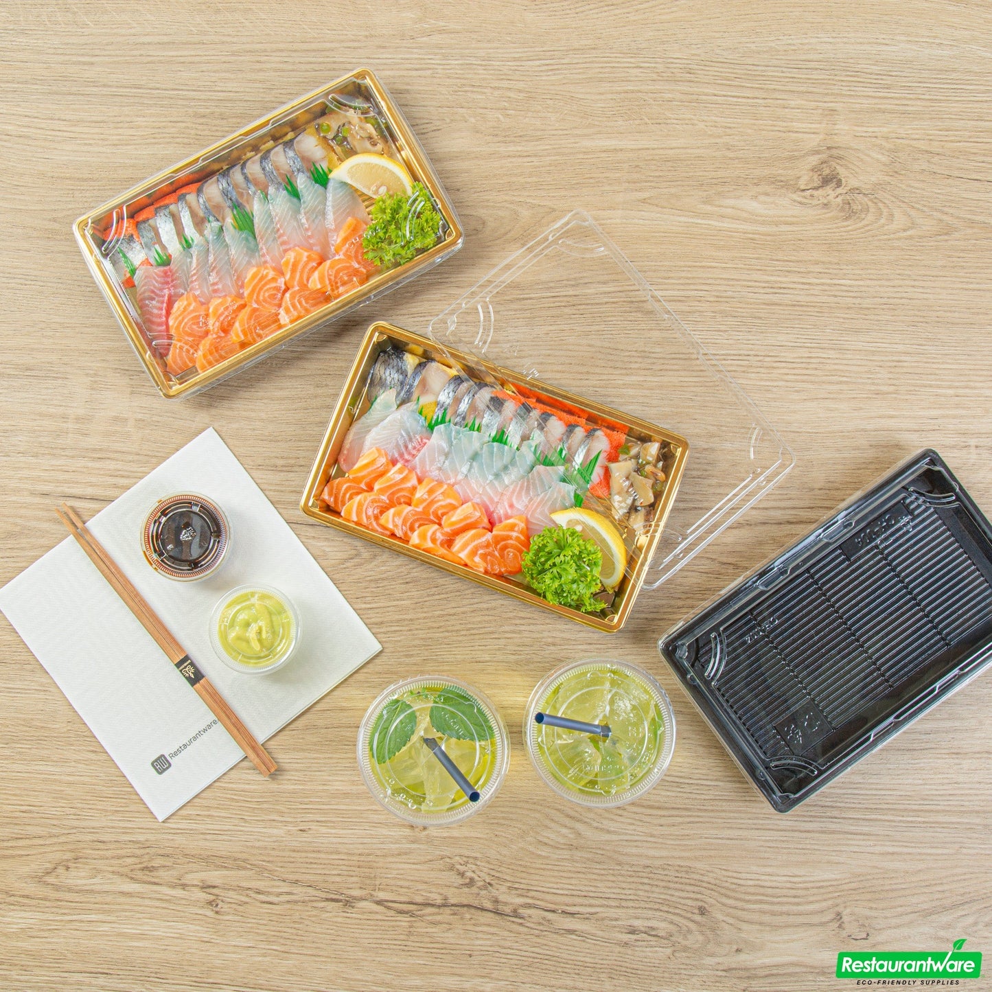 Wholesale Restaurantware Roku Rectangle Gold Plastic Take Out Sushi Tray - with Clear Lid - 9 1/4" X 6" X 1 3/4" - 100 Count Box- Bulk