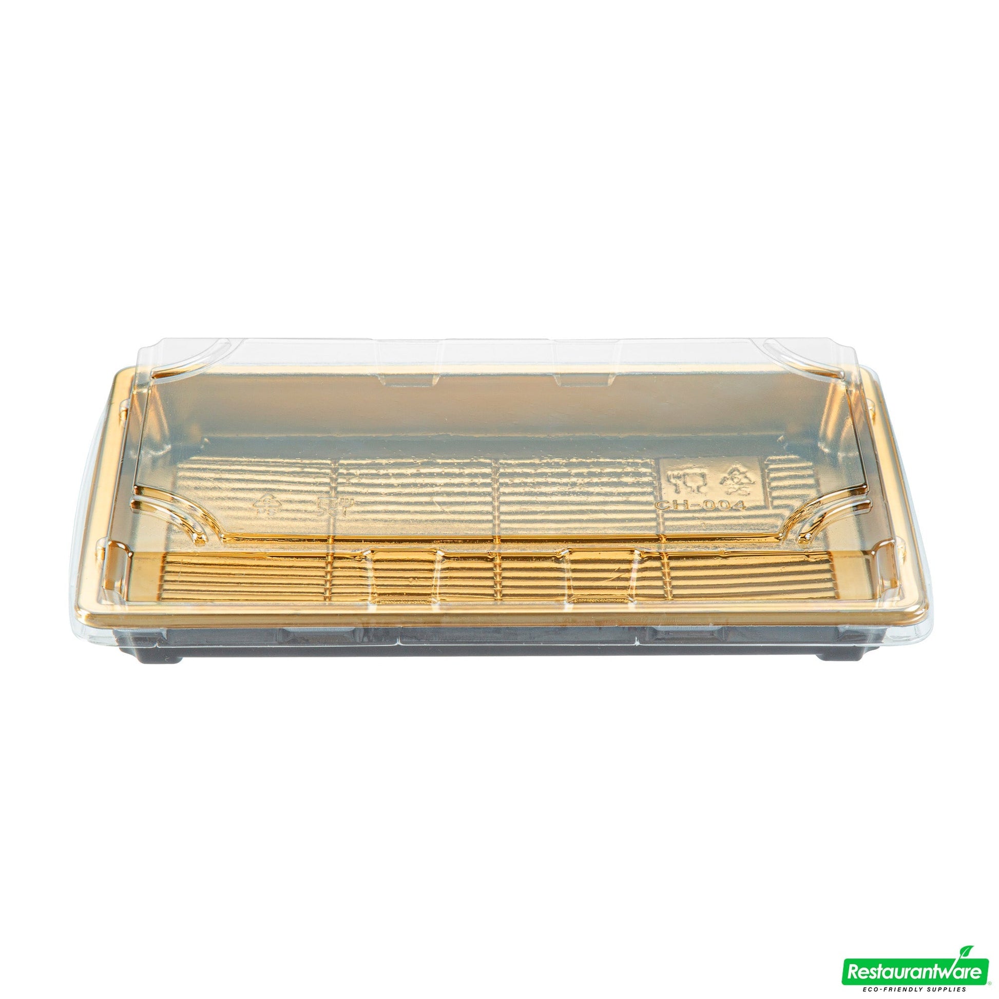 Wholesale Restaurantware Roku Rectangle Gold Plastic Take Out Sushi Tray - with Clear Lid - 9 1/4" X 6" X 1 3/4" - 100 Count Box- Bulk