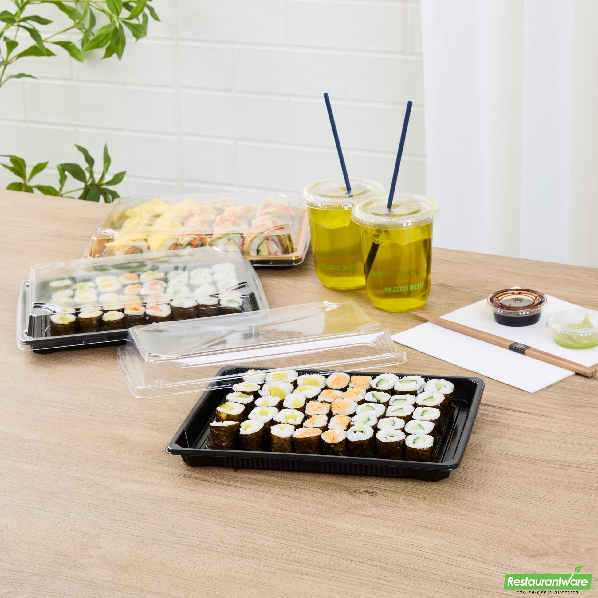 Wholesale Restaurantware Roku Rectangle Black Plastic Take Out Sushi Tray - with Clear Lid - 10" X 7 1/4" X 1 3/4" - 100 Count Box- Bulk