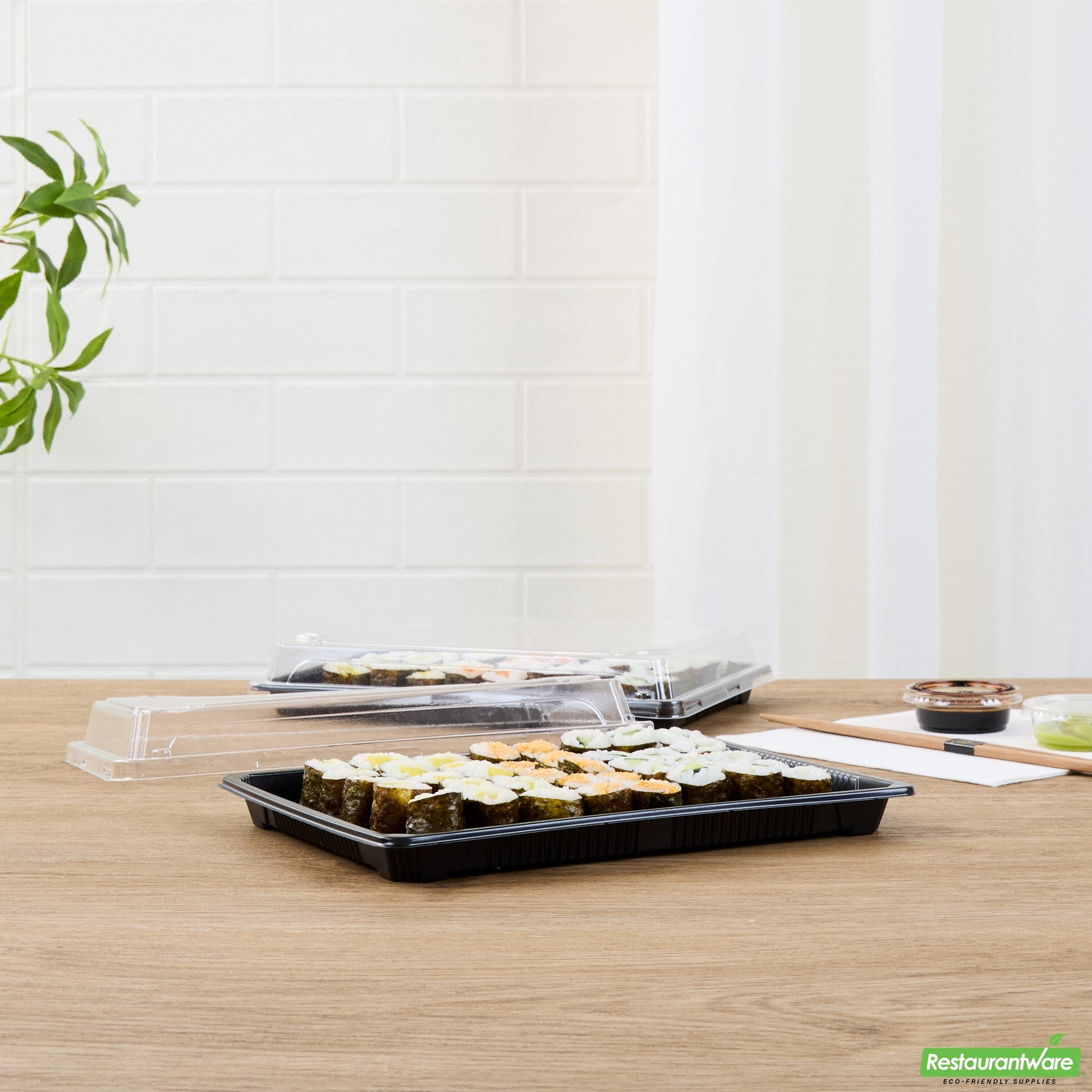 Wholesale Restaurantware Roku Rectangle Black Plastic Take Out Sushi Tray - with Clear Lid - 10" X 7 1/4" X 1 3/4" - 100 Count Box- Bulk