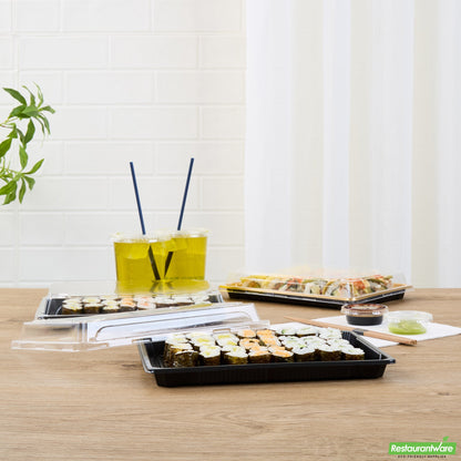 Wholesale Restaurantware Roku Rectangle Black Plastic Take Out Sushi Tray - with Clear Lid - 10" X 7 1/4" X 1 3/4" - 100 Count Box- Bulk