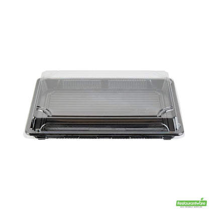 Wholesale Restaurantware Roku Rectangle Black Plastic Take Out Sushi Tray - with Clear Lid - 10" X 7 1/4" X 1 3/4" - 100 Count Box- Bulk