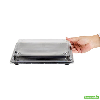 Wholesale Restaurantware Roku Rectangle Black Plastic Take Out Sushi Tray - with Clear Lid - 10" X 7 1/4" X 1 3/4" - 100 Count Box- Bulk