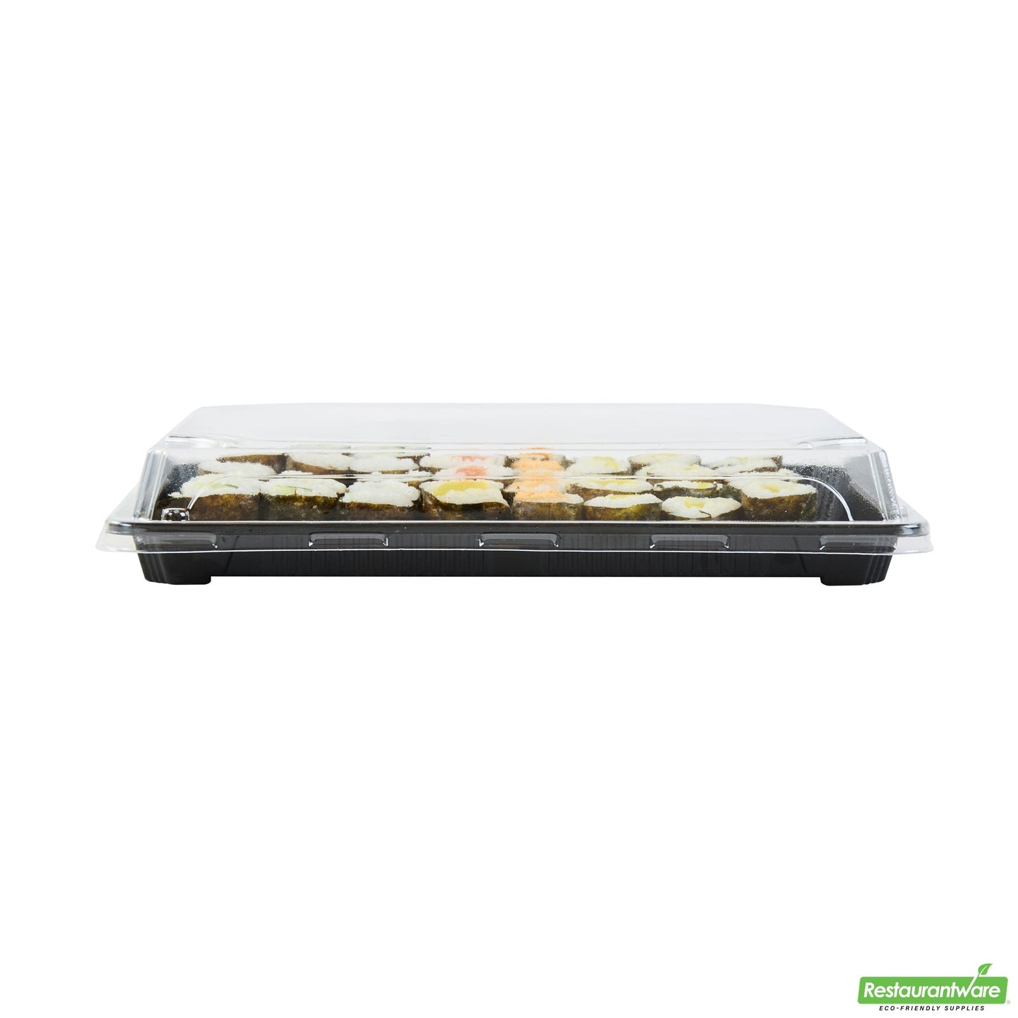 Wholesale Restaurantware Roku Rectangle Black Plastic Take Out Sushi Tray - with Clear Lid - 10" X 7 1/4" X 1 3/4" - 100 Count Box- Bulk