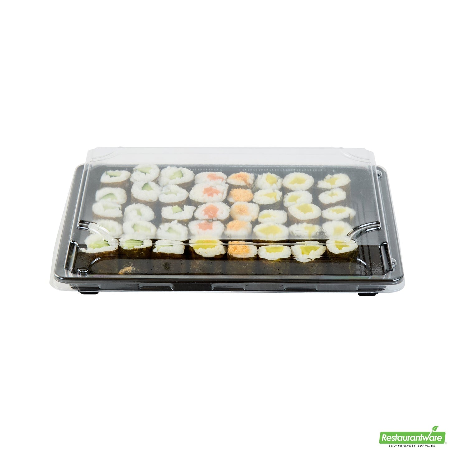 Wholesale Restaurantware Roku Rectangle Black Plastic Take Out Sushi Tray - with Clear Lid - 10" X 7 1/4" X 1 3/4" - 100 Count Box- Bulk